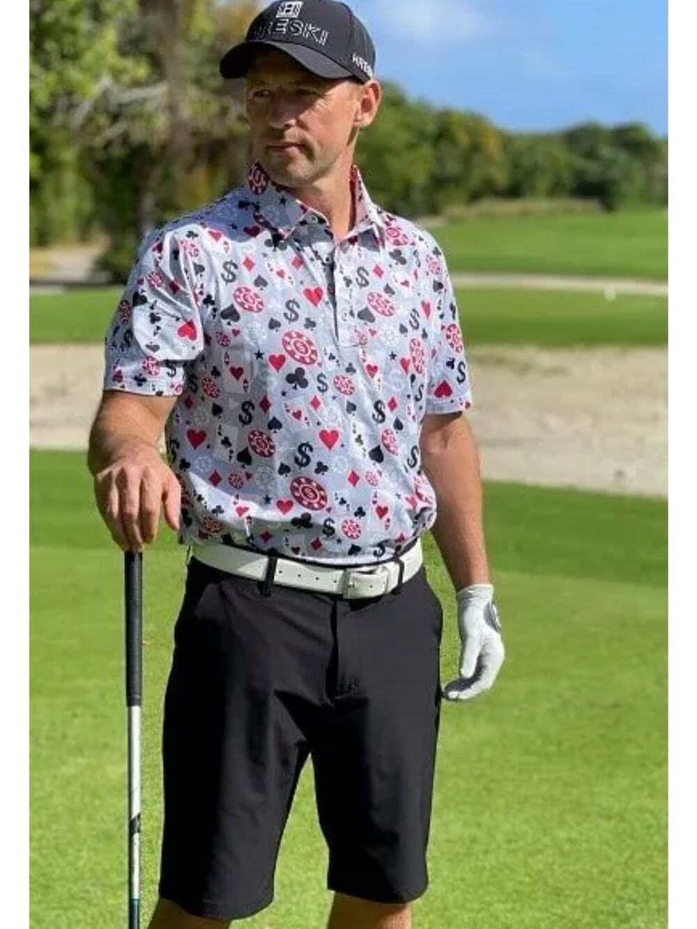 Hreski polo shirt poker print grey Size medium preppy performance golf novelty